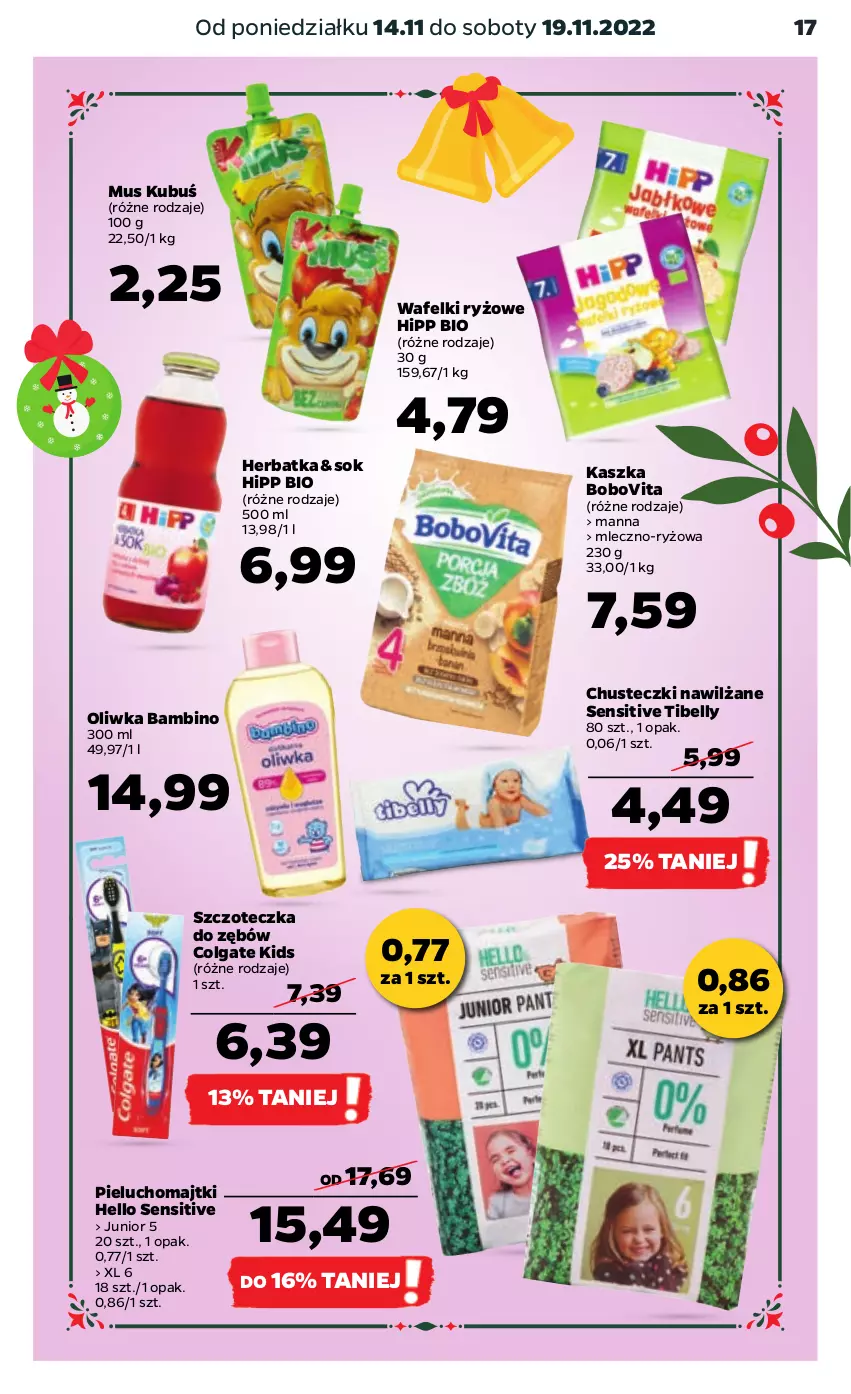 Gazetka promocyjna Netto - Artykuły spożywcze - ważna 14.11 do 19.11.2022 - strona 17 - produkty: Bell, BoboVita, Chusteczki, Colgate, HiPP, Hipp Bio, Kubuś, LG, Majtki, Mus, Pieluchomajtki, Ryż, Sok, Szczoteczka, Szczoteczka do zębów