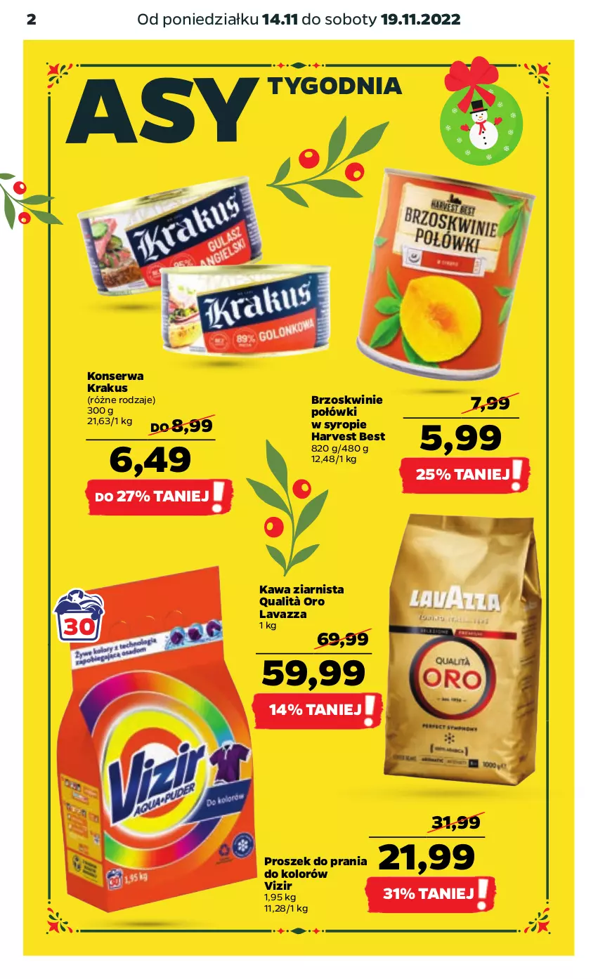 Gazetka promocyjna Netto - Artykuły spożywcze - ważna 14.11 do 19.11.2022 - strona 2 - produkty: Brzoskwinie, Kawa, Kawa ziarnista, Krakus, Lavazza, Proszek do prania, Ser, Syrop, Vizir