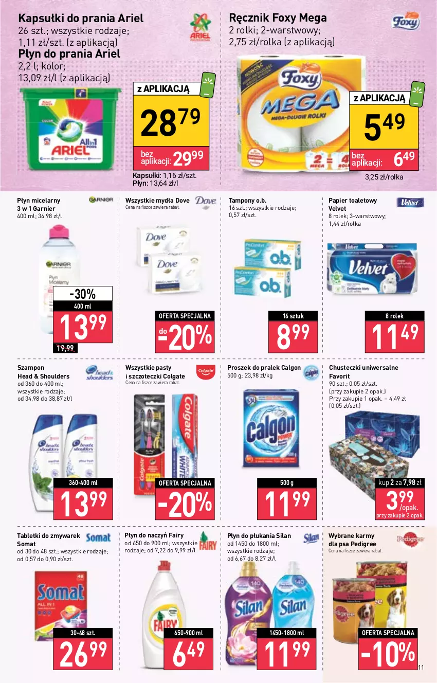 Gazetka promocyjna Stokrotka - Market - ważna 15.09 do 21.09.2022 - strona 11 - produkty: Ariel, Calgon, Chusteczki, Colgate, Dove, Fa, Fairy, Foxy, Garnier, Kapsułki do prania, LG, O.B., Papier, Papier toaletowy, Pedigree, Płyn do płukania, Płyn do prania, Płyn micelarny, Ręcznik, Rolki, Silan, Somat, Szampon, Tablet, Tampony, Velvet