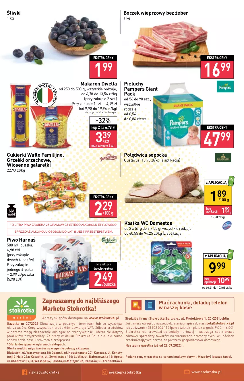 Gazetka promocyjna Stokrotka - Market - ważna 15.09 do 21.09.2022 - strona 12 - produkty: Boczek, Boczek wieprzowy, Cukier, Cukierki, Domestos, Dres, Fa, Gala, Galaretki, Gra, Grześki, Harnaś, JBL, Karp, Kosz, Lasagne, Makaron, O nas, Pampers, Pieluchy, Piwa, Piwo, Polędwica, Ser, Szal, Telefon, Wafle, Wagi, Wilson