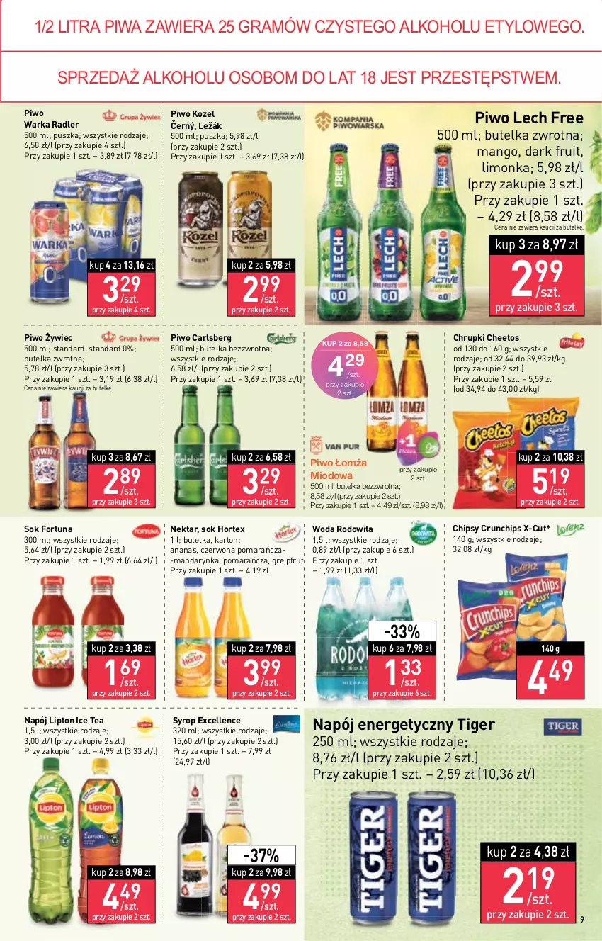 Gazetka promocyjna Stokrotka - Market - ważna 15.09 do 21.09.2022 - strona 9 - produkty: Ananas, Carlsberg, Cheetos, Chipsy, Chrupki, Crunchips, Fortuna, Gra, Grejpfrut, Hortex, Ice tea, Kozel, Limonka, Lipton, Mango, Napój, Napój energetyczny, Nektar, Piwa, Piwo, Radler, Sok, Syrop, Tiger, Warka, Woda