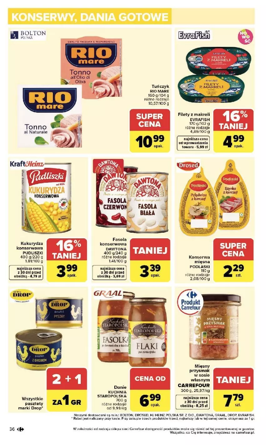 Gazetka promocyjna Carrefour - Gazetka Zmieniliśmy się dla Ciebie - ważna 13.04 do 18.04.2026 - strona 38 - produkty: Dawtona, Fa, Fasola, Gra, Graal, Heinz, Kuchnia, Kukurydza, Kukurydza konserwowa, Mola, Pasztet, Pudliszki, Rio Mare, Ser, Sos