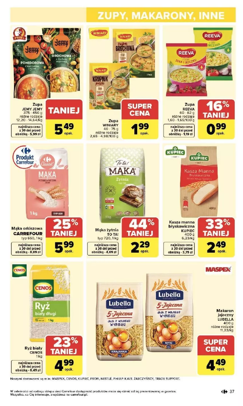 Gazetka promocyjna Carrefour - Gazetka Zmieniliśmy się dla Ciebie - ważna 13.04 do 18.04.2026 - strona 39 - produkty: Bell, Bella, Cenos, Jaja, Jaja z wolnego wybiegu, Kasza, Kupiec, Lubella, Mąka, Makaron, Piec, Por, Winiary, Zupa