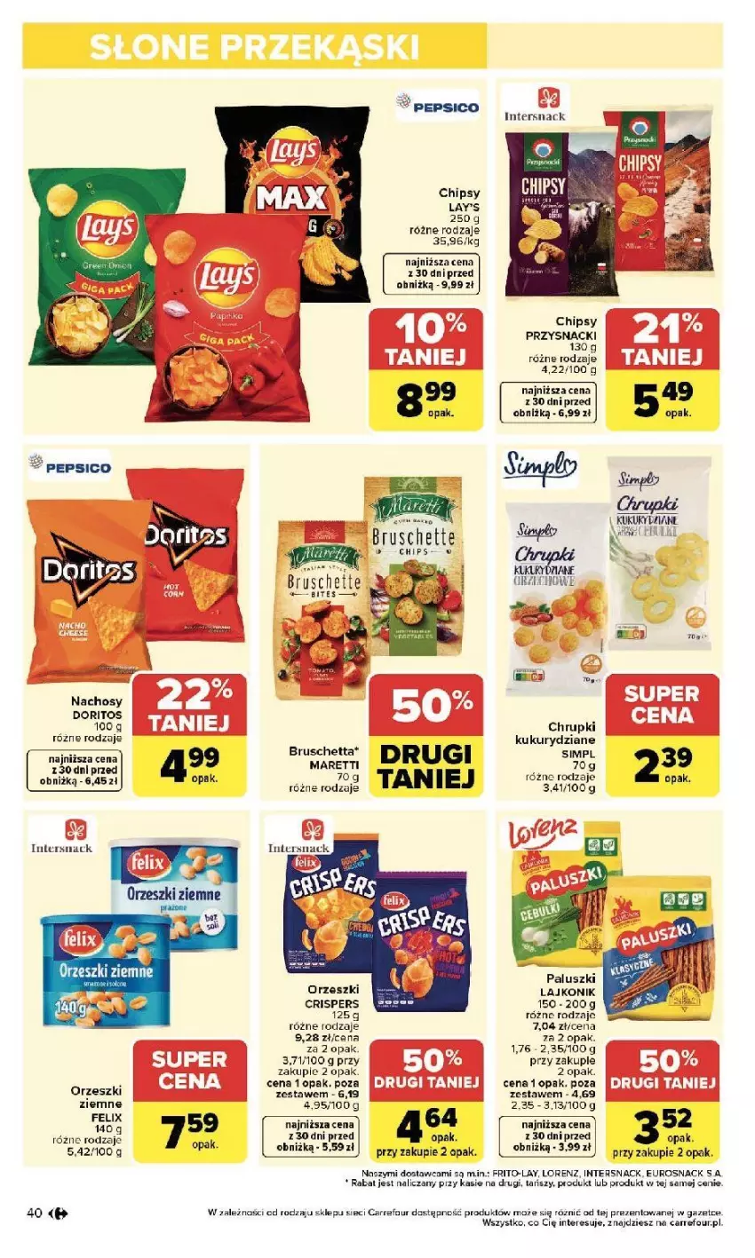 Gazetka promocyjna Carrefour - Gazetka Zmieniliśmy się dla Ciebie - ważna 13.04 do 18.04.2026 - strona 42 - produkty: Bruschette, Chipsy, Chrupki, Lajkonik, Lorenz, Orzeszki, Pepsi, Przysnacki