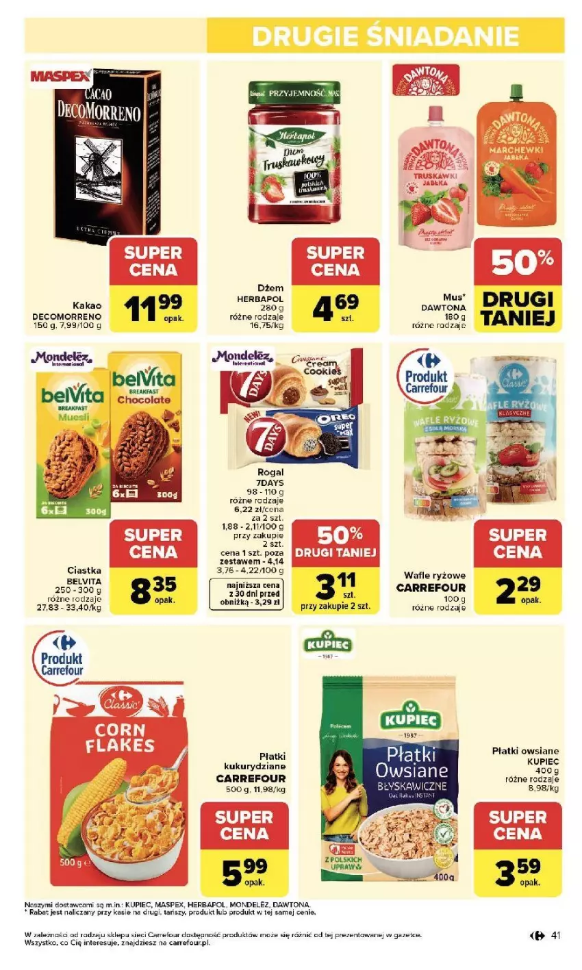 Gazetka promocyjna Carrefour - Gazetka Zmieniliśmy się dla Ciebie - ważna 13.04 do 18.04.2026 - strona 43 - produkty: BelVita, Ciastka, Dawtona, Dżem, Herbapol, Kakao, Kupiec, Piec, Płatki owsiane, Rogal, Ryż, Wafle
