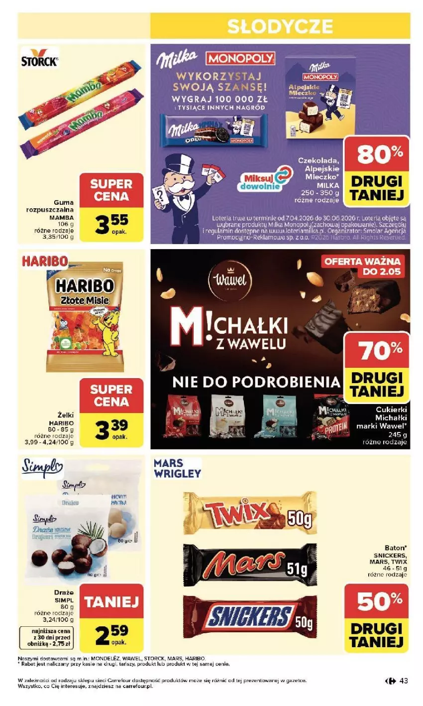 Gazetka promocyjna Carrefour - Gazetka Zmieniliśmy się dla Ciebie - ważna 13.04 do 18.04.2026 - strona 45 - produkty: Baton, Czekolada, Fa, Gra, Haribo, Hasbro, Mamba, Mars, Mleczko, Mola, Ser, Snickers, Wawel