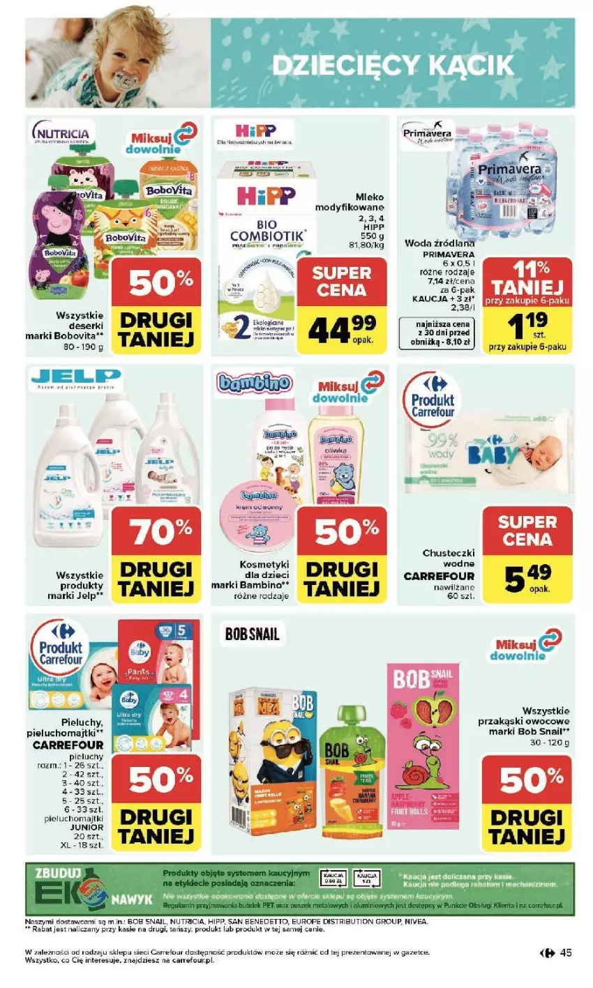 Gazetka promocyjna Carrefour - Gazetka Zmieniliśmy się dla Ciebie - ważna 13.04 do 18.04.2026 - strona 47 - produkty: BoboVita, Brugi, Chusteczki, Fa, HiPP, Majtki, Mleko, Mleko modyfikowane, Pieluchomajtki, Pieluchy, Prima, Primavera, Pupa, Woda