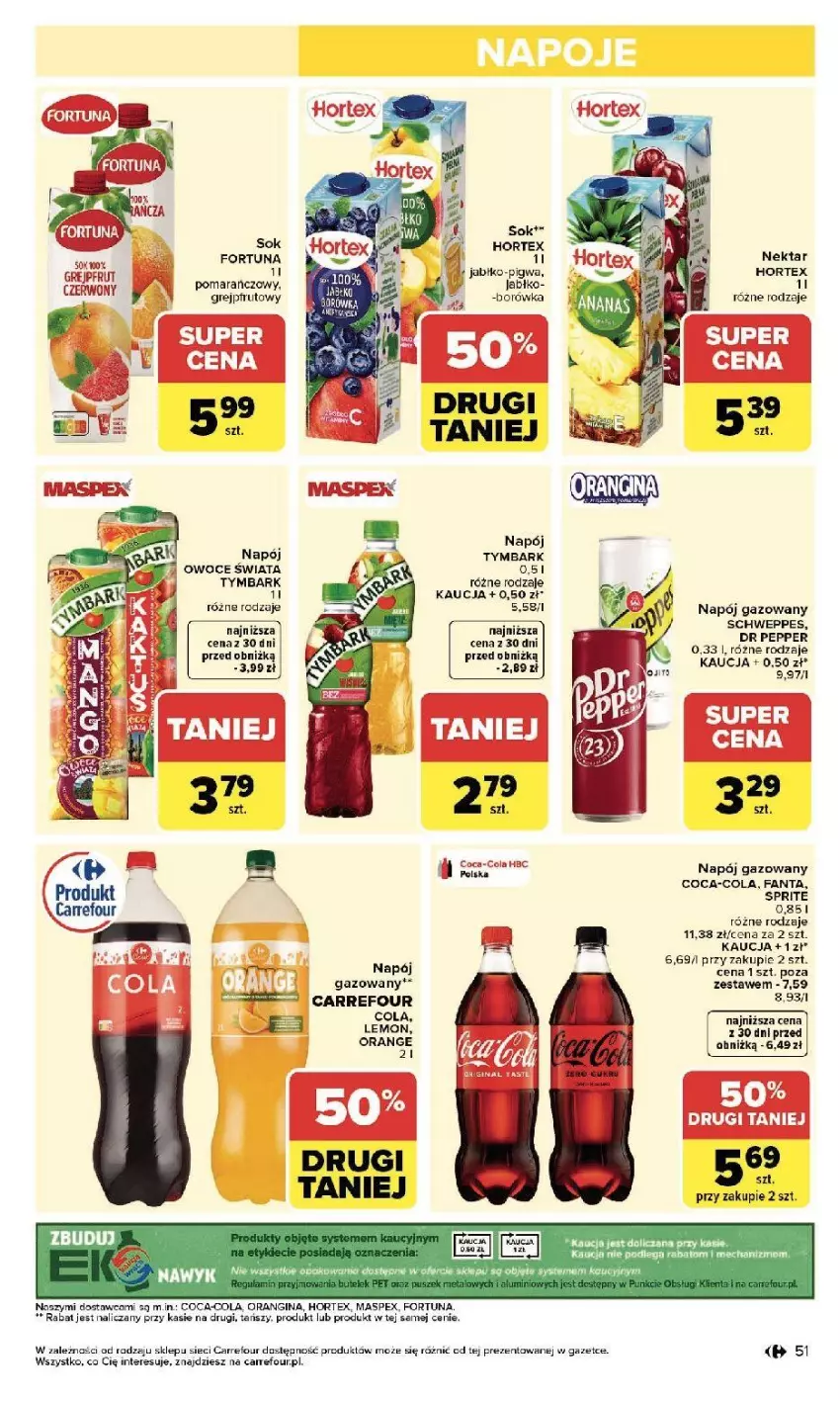 Gazetka promocyjna Carrefour - Gazetka Zmieniliśmy się dla Ciebie - ważna 13.04 do 18.04.2026 - strona 53 - produkty: Borówka, Coca-Cola, Fa, Fanta, Fortuna, Grejpfrut, Hortex, Napój, Napój gazowany, Nektar, Owoce, Saga, Schweppes, Sok, Sprite, Tymbark