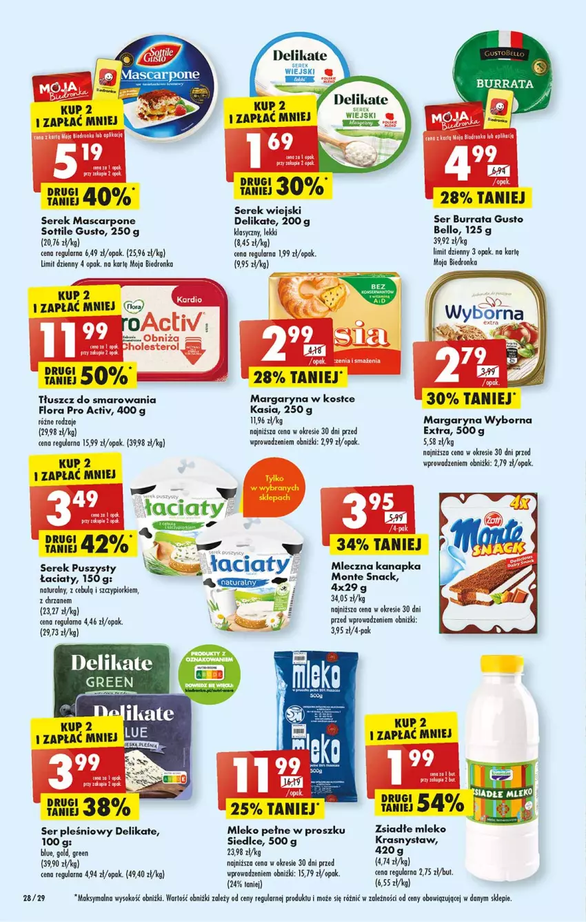 Gazetka promocyjna Biedronka - Od poniedziałku - ważna 19.06 do 24.06.2023 - strona 28 - produkty: Bell, Burrata, Chrzan, Fa, Flora, Kasia, LG, Margaryna, Mascarpone, Mleko, Ser, Ser pleśniowy, Serek, Serek puszysty, Serek wiejski, Sok