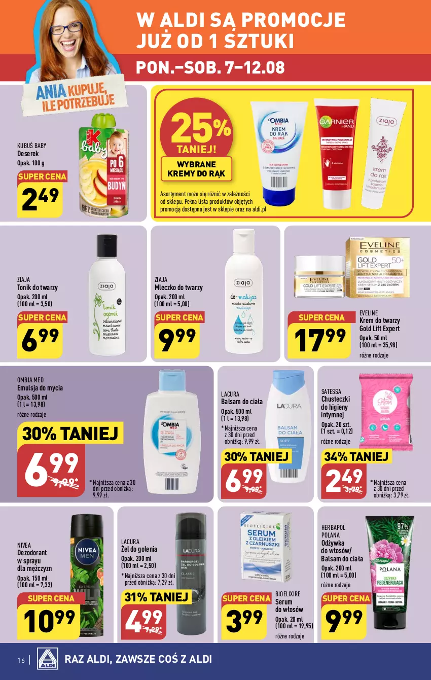 Gazetka promocyjna Aldi - Pełna oferta - ważna 07.08 do 12.08.2023 - strona 16 - produkty: Balsam do ciała, Chusteczki, Chusteczki do higieny, Deser, Dezodorant, Emulsja, Emulsja do mycia, Eveline, Herbapol, Krem do twarzy, Kubuś, LANA, Mleczko, Nivea, Odżywka, Rum, Ser, Serek, Serum, Tonik, Tonik do twarzy, Ziaja