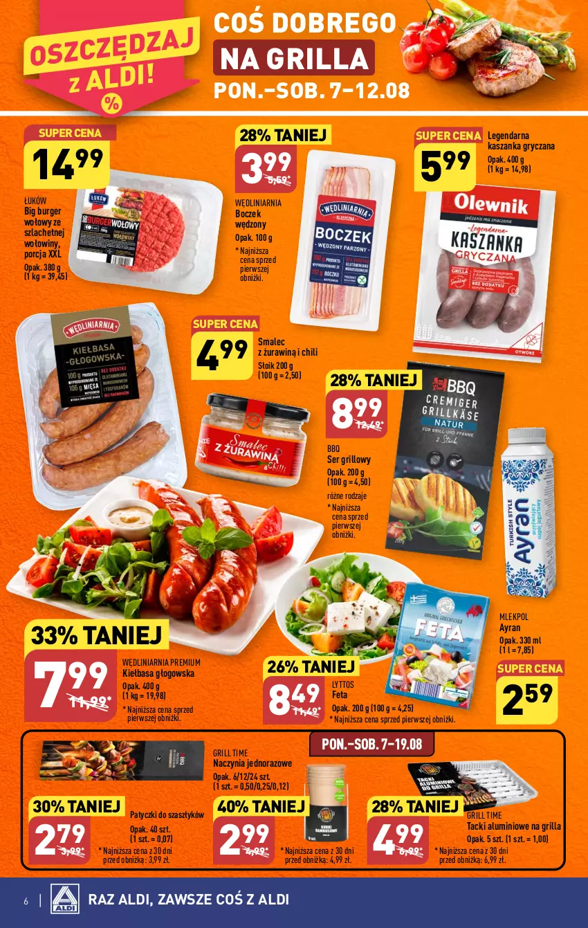 Gazetka promocyjna Aldi - Pełna oferta - ważna 07.08 do 12.08.2023 - strona 6 - produkty: Boczek, Burger, Feta, Grill, Gry, Kasza, Kaszanka, Kiełbasa, Kiełbasa głogowska, Por, Ser, Smalec