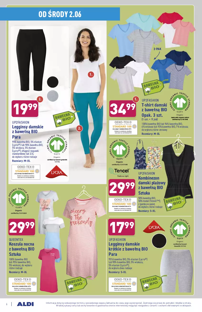 Gazetka promocyjna Aldi - ważna 02.06 do 05.06.2021 - strona 6 - produkty: Fa, Gin, Kombinezon, Kosz, Koszula, Koszula nocna, Legginsy, Moda, Queentex, T-shirt, Wełna