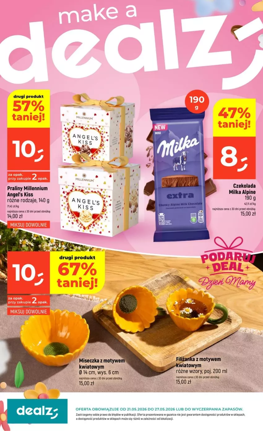 Gazetka promocyjna Dealz - PODARUJ DEAL - ważna 21.05 do 27.05.2026 - strona 1 - produkty: Czekolada, Filiżanka, Gaga, Milka, Miseczka, Praliny