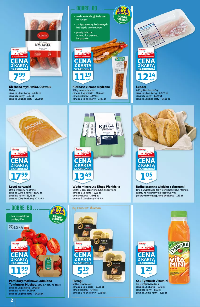 Gazetka promocyjna Auchan - Skarbonka #12 - ważna 24.03 do 30.03.2022 - strona 2 - produkty: Bułka, Kiełbasa, Olewnik, Pierogi, Pomidory, Sok, Tymbark, Woda, Woda mineralna