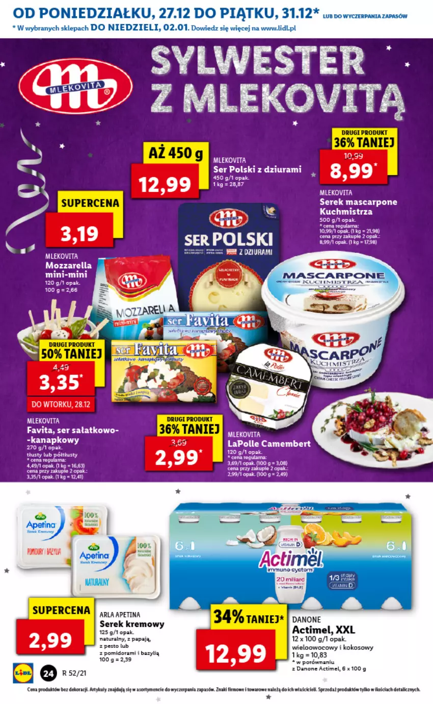 Gazetka promocyjna Lidl - GAZETKA - ważna 27.12.2021 do 02.01.2022 - strona 26 - produkty: Actimel, Bazyl, Camembert, Danone, EPEE, Fa, Favita, Kokos, Mascarpone, Mleko, Mlekovita, Mozzarella, Pesto, Por, Sałat, Ser, Serek