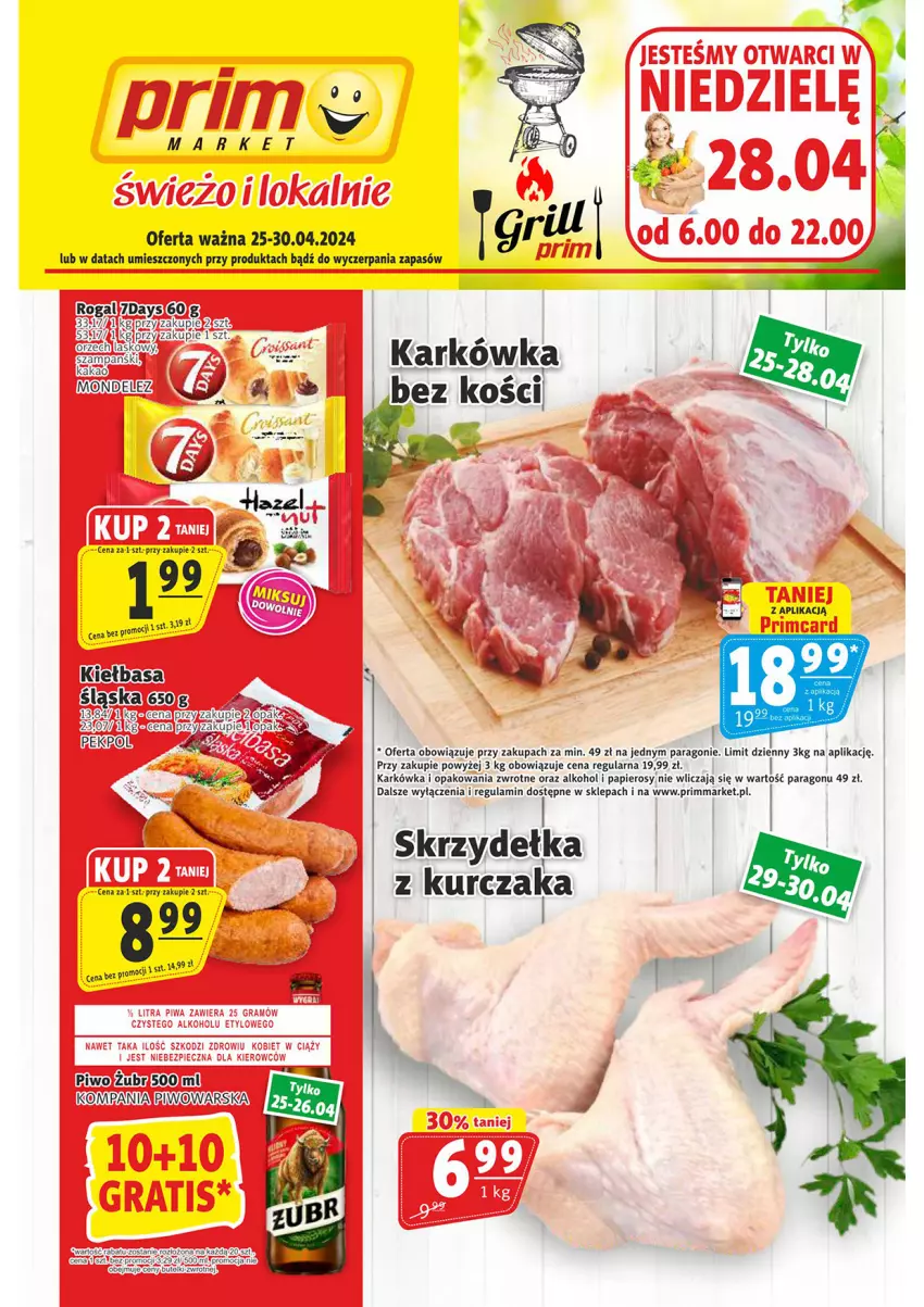 Gazetka promocyjna Prim Market - ważna 25.04 do 30.04.2024 - strona 1 - produkty: Kiełbasa, Kiełbasa śląska, Kurczak, Papier, Piwo, Rogal