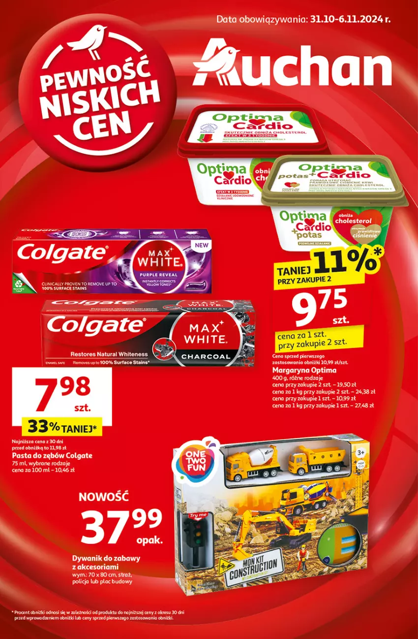 Gazetka promocyjna Auchan - Pewność Niskich Cen Hipermarket - ważna 31.10 do 06.11.2024 - strona 1 - produkty: Colgate, Fa, LG, Margaryna, Optima, Pasta do zębów, Surf