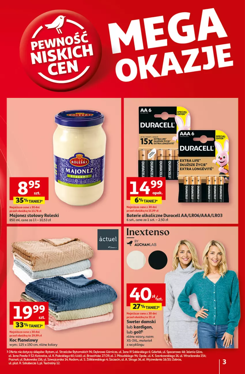 Gazetka promocyjna Auchan - Pewność Niskich Cen Hipermarket - ważna 31.10 do 06.11.2024 - strona 3 - produkty: AEG, Baterie alkaliczne, Duracell, Kardigan, Koc, Majonez, Sweter