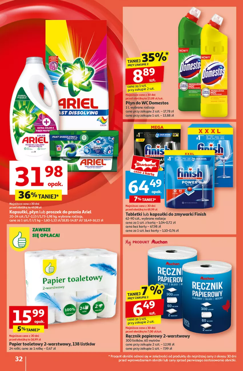 Gazetka promocyjna Auchan - Pewność Niskich Cen Hipermarket - ważna 31.10 do 06.11.2024 - strona 34 - produkty: Domestos, Fa, Finish, Oliwa, Papier, Papier toaletowy, Płyn do wc, Ręcznik, Rolki, Tablet, Zmywarki