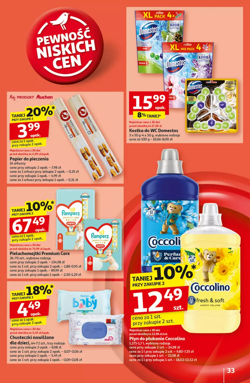 Gazetka promocyjna Auchan - Pewność Niskich Cen Hipermarket - ważna 31.10 do 06.11.2024 - strona 35 - produkty: Chusteczki, Domestos, Dzieci, Kostka do wc, Majtki, Pampers, Papier, Papier do pieczenia, Piec, Pieluchomajtki