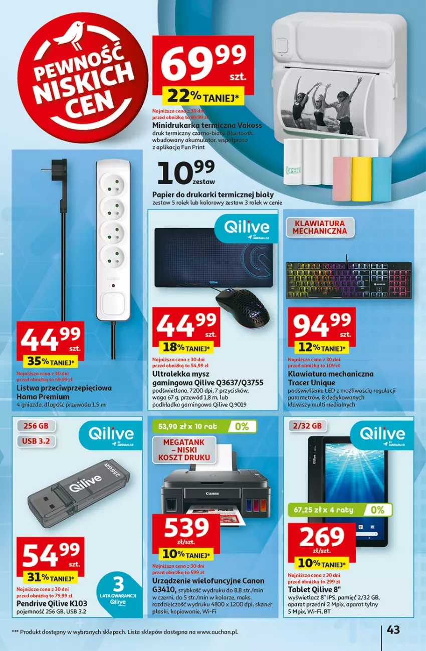 Gazetka promocyjna Auchan - Pewność Niskich Cen Hipermarket - ważna 31.10 do 06.11.2024 - strona 51 - produkty: Acer, Akumulator, Canon, Drukarki, Hama, Klawiatura, Kosz, LANA, Listwa, Mysz, Papier, Pendrive, Piec, Podkład, Podkładka, Podkładka gamingowa, Przewód, Skaner, Tablet, Waga