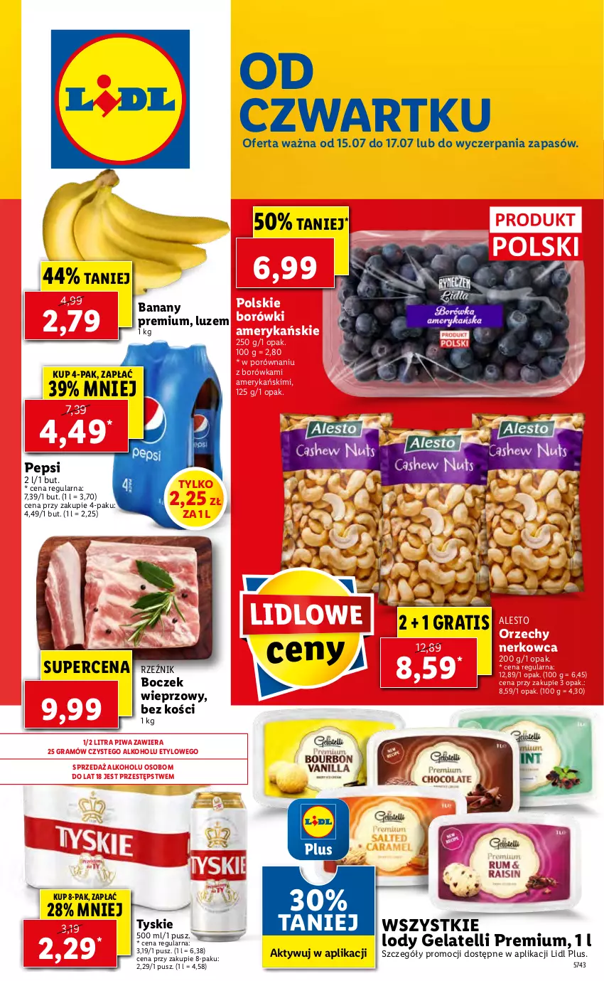 Gazetka promocyjna Lidl - GAZETKA - ważna 15.07 do 17.07.2021 - strona 1 - produkty: Banany, Boczek, Boczek wieprzowy, Borówka, Gra, Lody, Pepsi, Piwa, Por, Tyskie