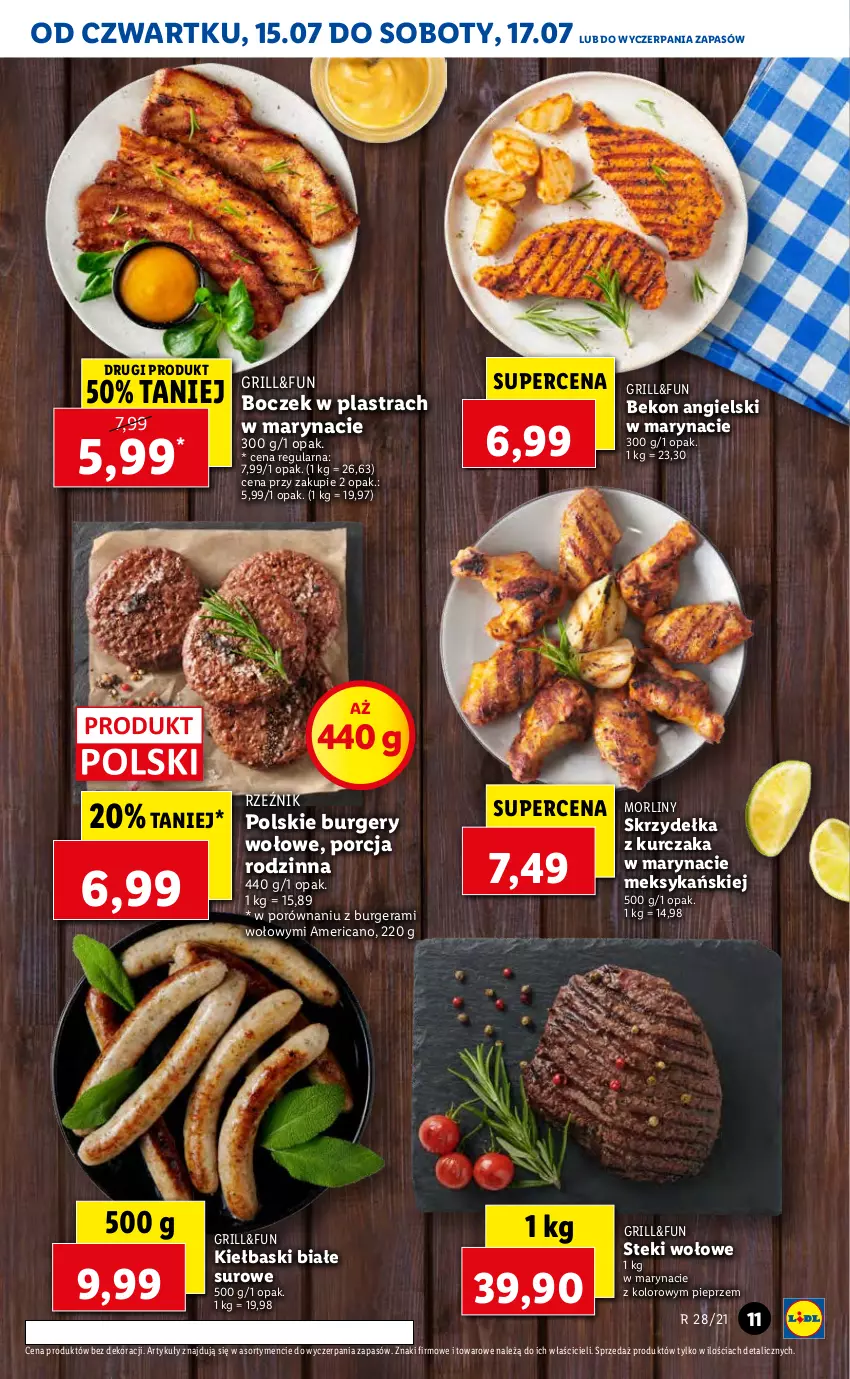 Gazetka promocyjna Lidl - GAZETKA - ważna 15.07 do 17.07.2021 - strona 11 - produkty: Beko, Boczek, Burger, Grill, Kiełbaski białe, Kurczak, Morliny, Pieprz, Por, Skrzydełka z kurczaka, Stek