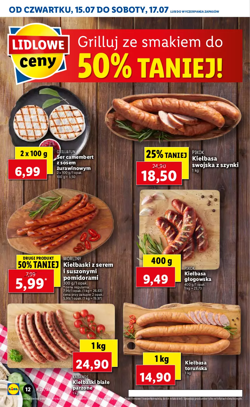 Gazetka promocyjna Lidl - GAZETKA - ważna 15.07 do 17.07.2021 - strona 12 - produkty: Camembert, Grill, Kabanos, Kiełbasa, Kiełbasa głogowska, Kiełbaski białe, Morliny, PIKOK, Ser, Sos, Wino