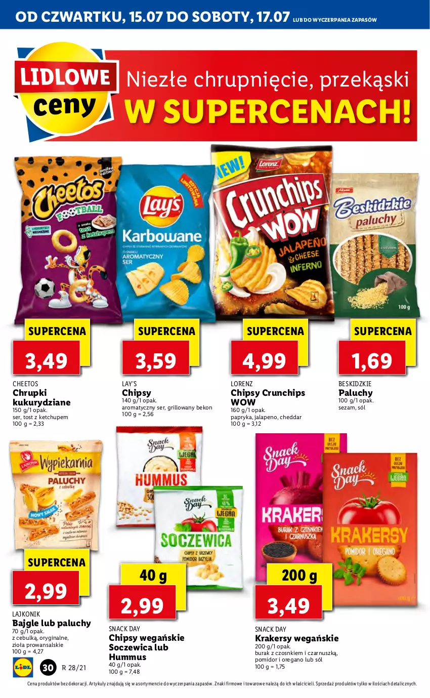 Gazetka promocyjna Lidl - GAZETKA - ważna 15.07 do 17.07.2021 - strona 30 - produkty: Bajgle, Beko, Beskidzki, Cheddar, Cheetos, Chipsy, Chrupki, Crunchips, Gin, Grill, Hummus, Ketchup, Krakersy, Lajkonik, Lay’s, Lorenz, Mus, Papryka, Ser, Sezam, Sól