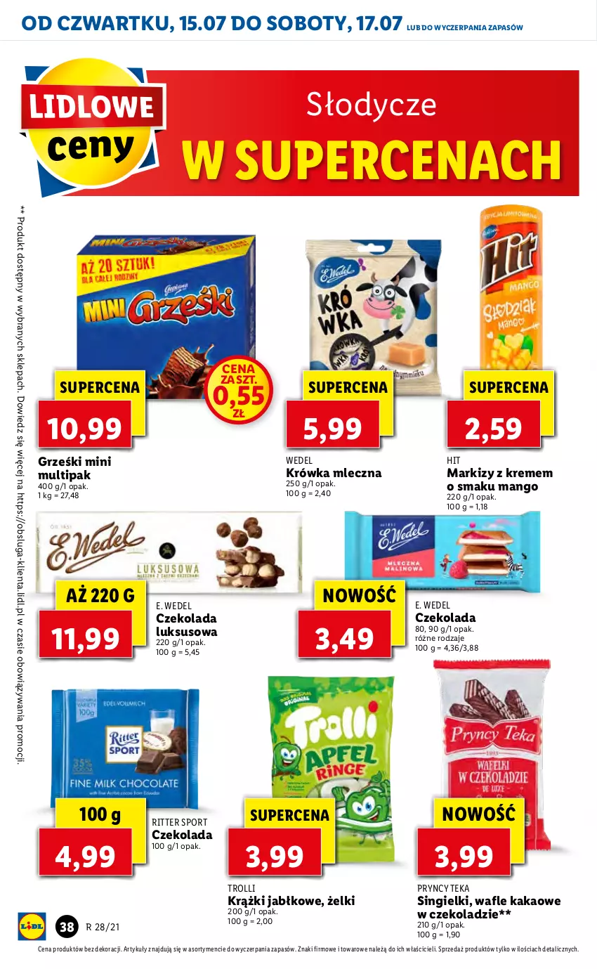 Gazetka promocyjna Lidl - GAZETKA - ważna 15.07 do 17.07.2021 - strona 38 - produkty: Czekolada, E. Wedel, Grześki, Kakao, Mango, Por, Ritter Sport, Sport, Wafle