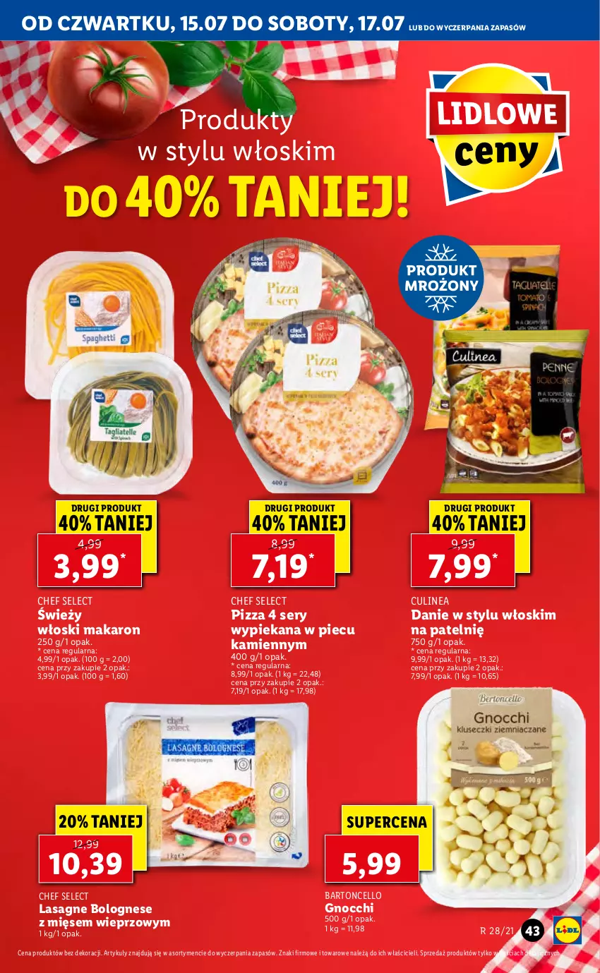 Gazetka promocyjna Lidl - GAZETKA - ważna 15.07 do 17.07.2021 - strona 43 - produkty: Gnocchi, Lasagne, Lasagne bolognese, Makaron, Piec, Pizza, Ser