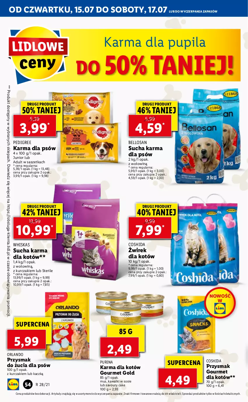 Gazetka promocyjna Lidl - GAZETKA - ważna 15.07 do 17.07.2021 - strona 54 - produkty: Bell, Gourmet Gold, Kawa, Kurczak, Mus, Pedigree, Pur, Purina, Sos, Sucha karma, Whiskas