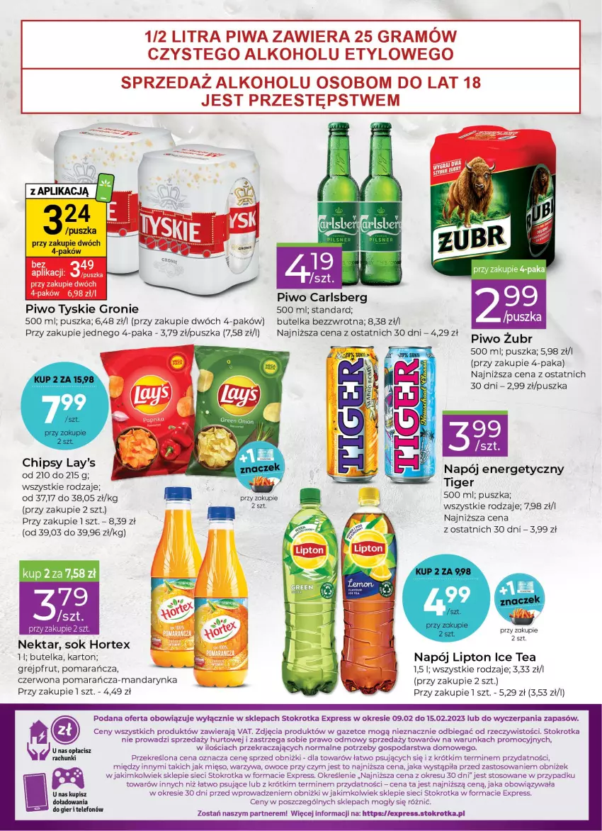 Gazetka promocyjna Stokrotka - Stokrotka Express - ważna 09.02 do 15.02.2023 - strona 4 - produkty: Carlsberg, Chipsy, Gra, Grejpfrut, Hortex, Lipton, Mięso, Napój, Napój energetyczny, Nektar, Owoce, Piwa, Piwo, Sok, Telefon, Tiger, Tyskie, Warzywa