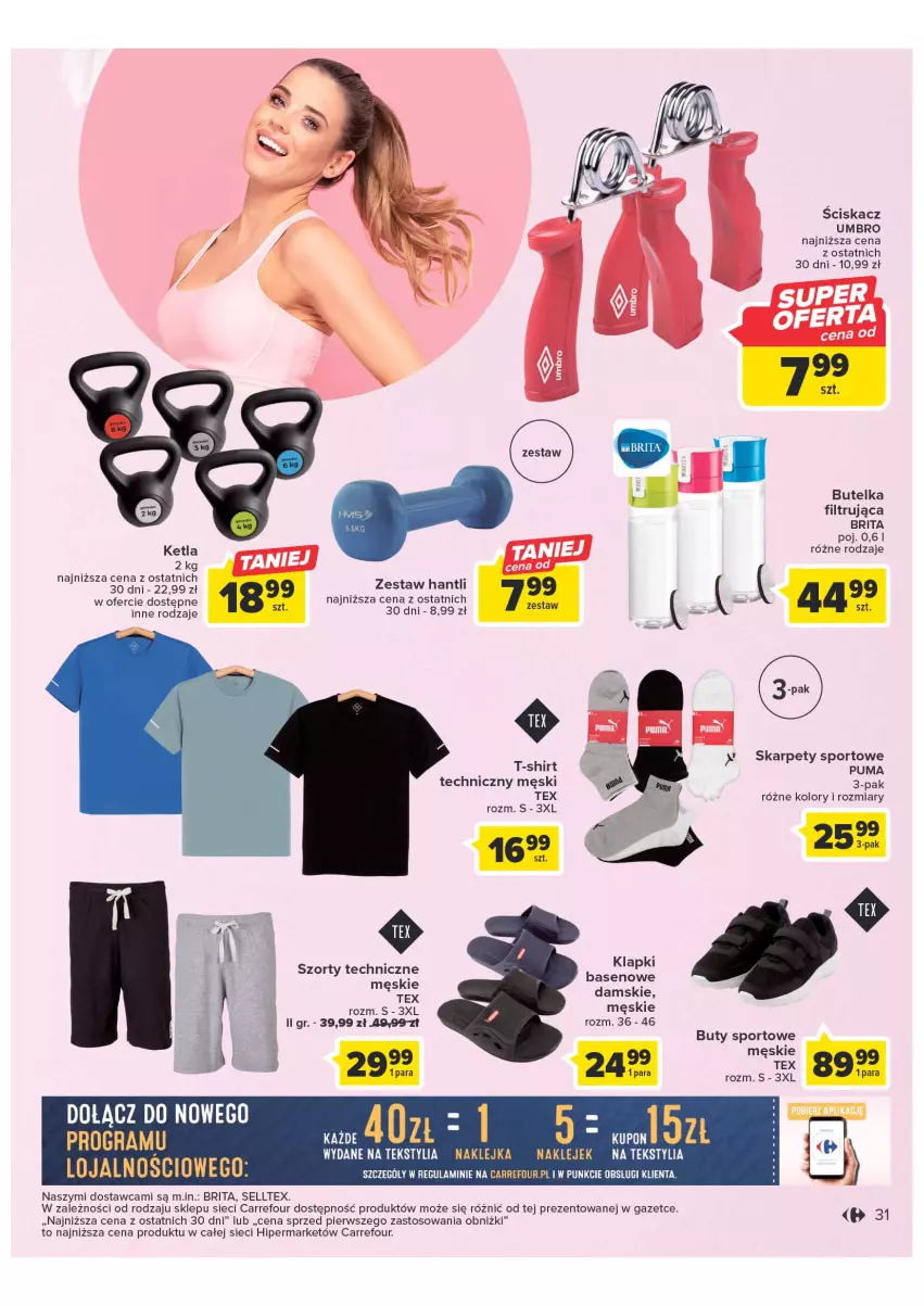 Gazetka promocyjna Carrefour - Gazetka Wiosna w pięknym stylu - ważna 07.03 do 18.03.2023 - strona 31 - produkty: Brit, Brita, Buty, Karp, Klapki, Por, Puma, Sport, Szorty, T-shirt