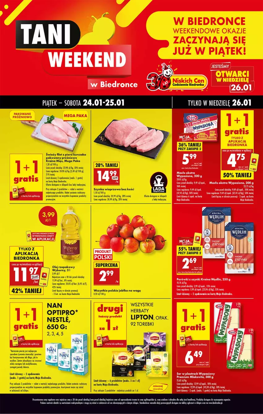 Gazetka promocyjna Biedronka - Tani Weekend - ważna 24.01 do 25.01.2025 - strona 1 - produkty: Gra, Karmi, Kurczak, Lipton, Lody, NAN Optipro, Parówki, Parówki z szynki, Por, Ser, Woda