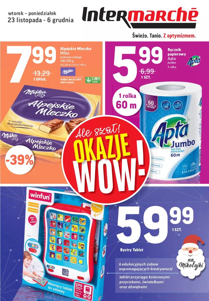 Gazetka promocyjna Intermarche - Okazje - ważna 23.11 do 06.12.2021 - strona 1 - produkty: Milka, Mleczko, Papier, Ręcznik, Tablet, Top