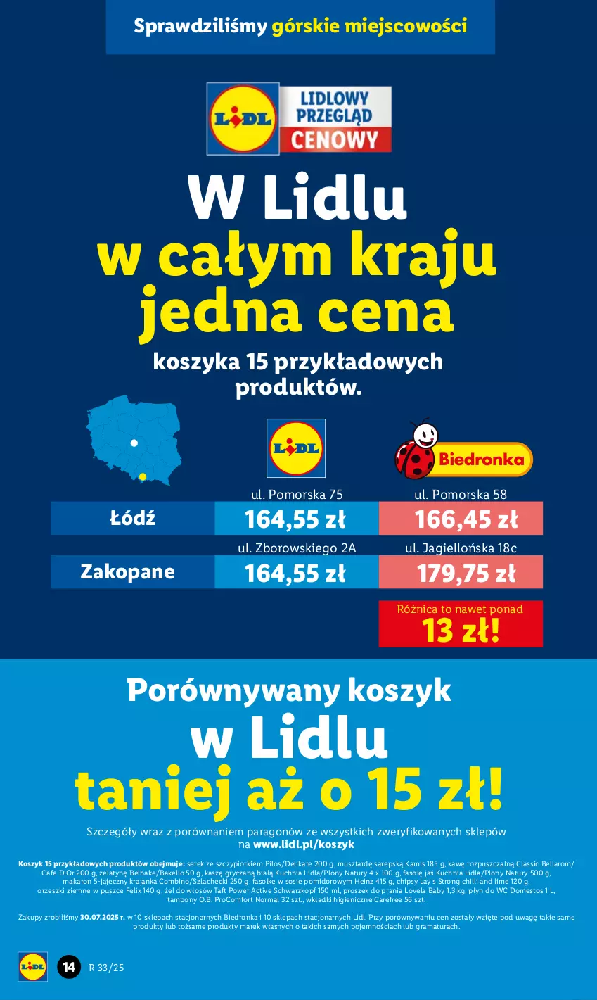 Gazetka promocyjna Lidl - GAZETKA - ważna 11.08 do 12.08.2025 - strona 16 - produkty: Bell, Bella, Carefree, Chipsy, Domestos, Fa, Felix, Gra, Gry, Heinz, Kamis, Kosz, Kuchnia, Lay’s, Lovela, Makaron, Mus, O.B., Orzeszki, Orzeszki ziemne, Pilos, Płyn do wc, Por, Proszek do prania, Rama, Schwarzkopf, Ser, Serek, Sos, Taft, Tampony, Wkładki