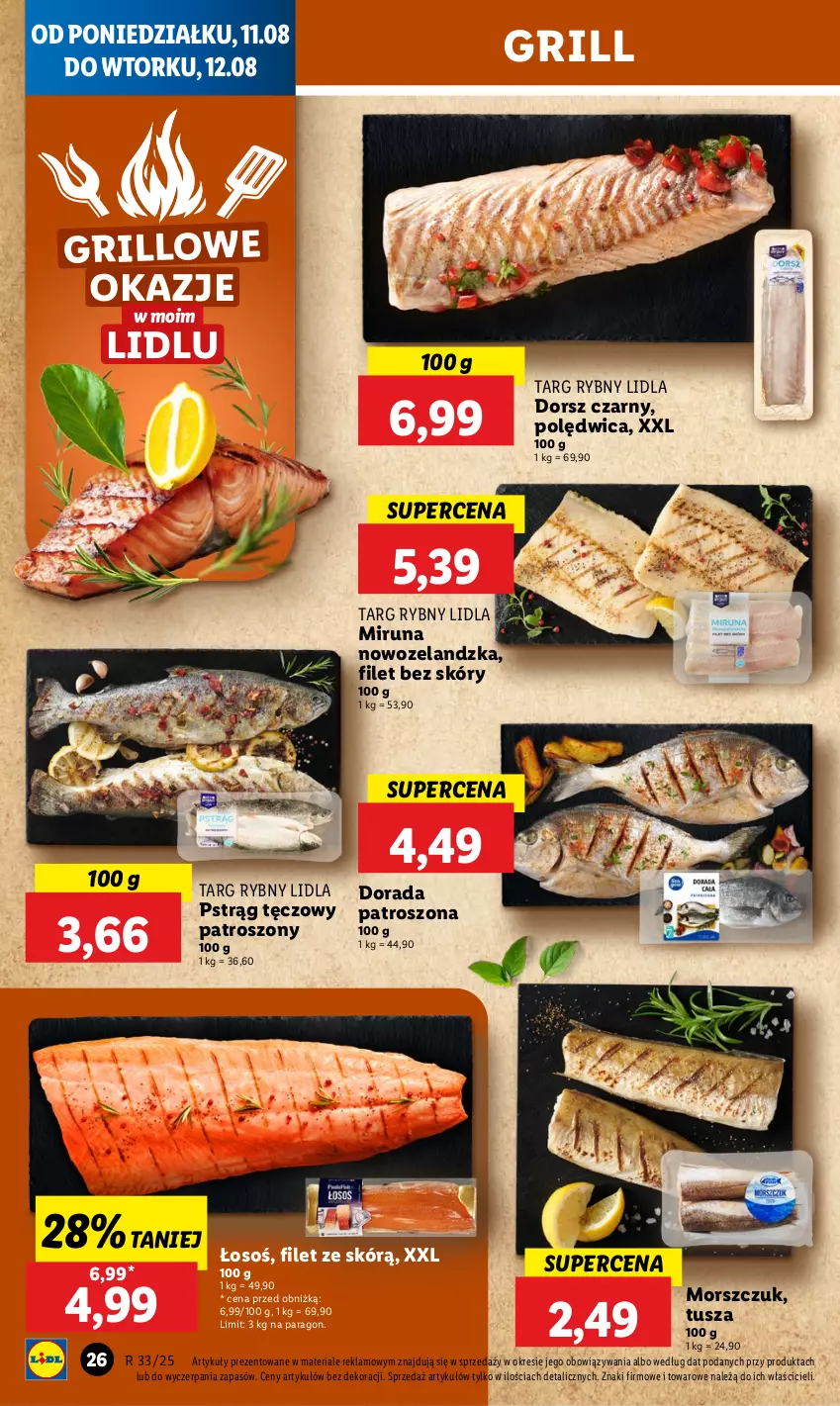 Gazetka promocyjna Lidl - GAZETKA - ważna 11.08 do 12.08.2025 - strona 28 - produkty: Dorsz, Grill, Miruna, Polędwica, Pstrąg, Pstrąg tęczowy, Tusz