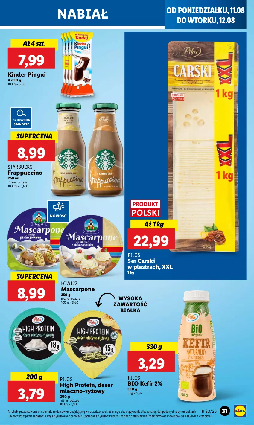 Gazetka promocyjna Lidl - GAZETKA - ważna 11.08 do 12.08.2025 - strona 33 - produkty: Cars, Deser, Kefir, Kinder, Mascarpone, Pilos, Ryż, Ser, Sok