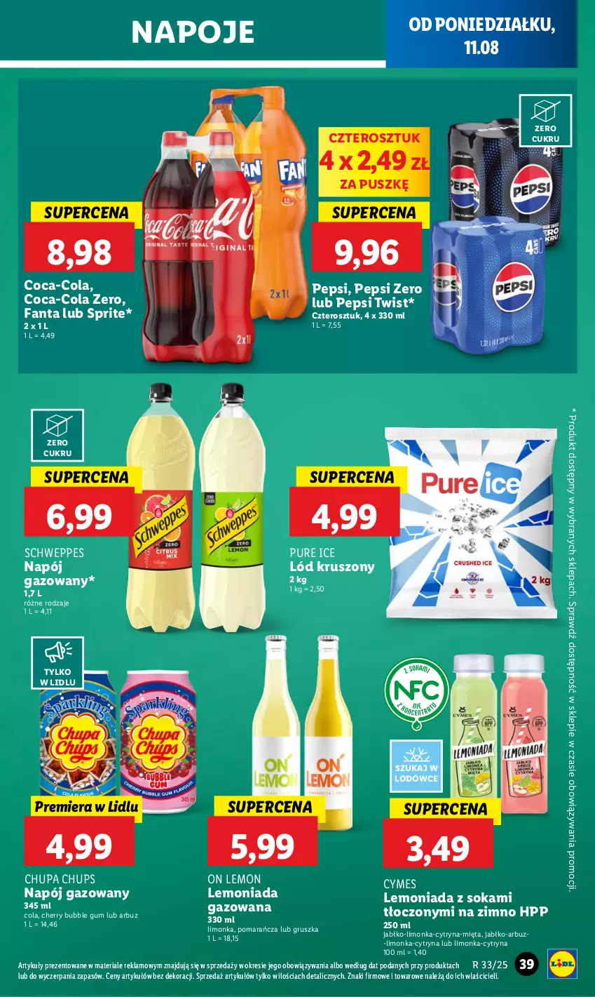 Gazetka promocyjna Lidl - GAZETKA - ważna 11.08 do 12.08.2025 - strona 41 - produkty: Arbuz, Chupa Chups, Coca-Cola, Fa, Fanta, HP, Lemoniada, Limonka, Mięta, Napój, Napój gazowany, Napoje, Pepsi, Pur, Schweppes, Sok, Sprite