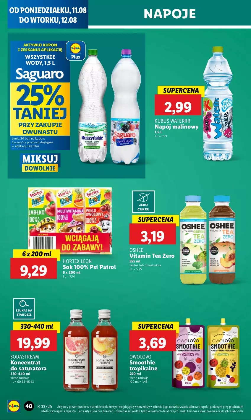 Gazetka promocyjna Lidl - GAZETKA - ważna 11.08 do 12.08.2025 - strona 42 - produkty: Hortex, Kaktus, Kubuś, Kubuś Waterrr, Leon, Napój, Napoje, Oshee, Psi Patrol, Smoothie, Sok