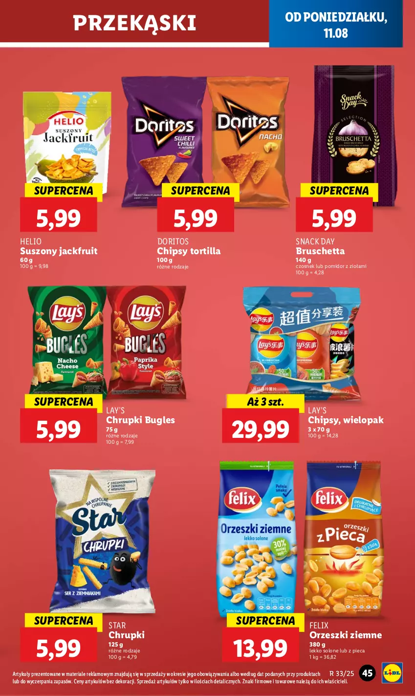 Gazetka promocyjna Lidl - GAZETKA - ważna 11.08 do 12.08.2025 - strona 51 - produkty: Chipsy, Chrupki, Czosnek, Felix, Helio, Lay’s, Orzeszki, Orzeszki ziemne, Piec, Tortilla