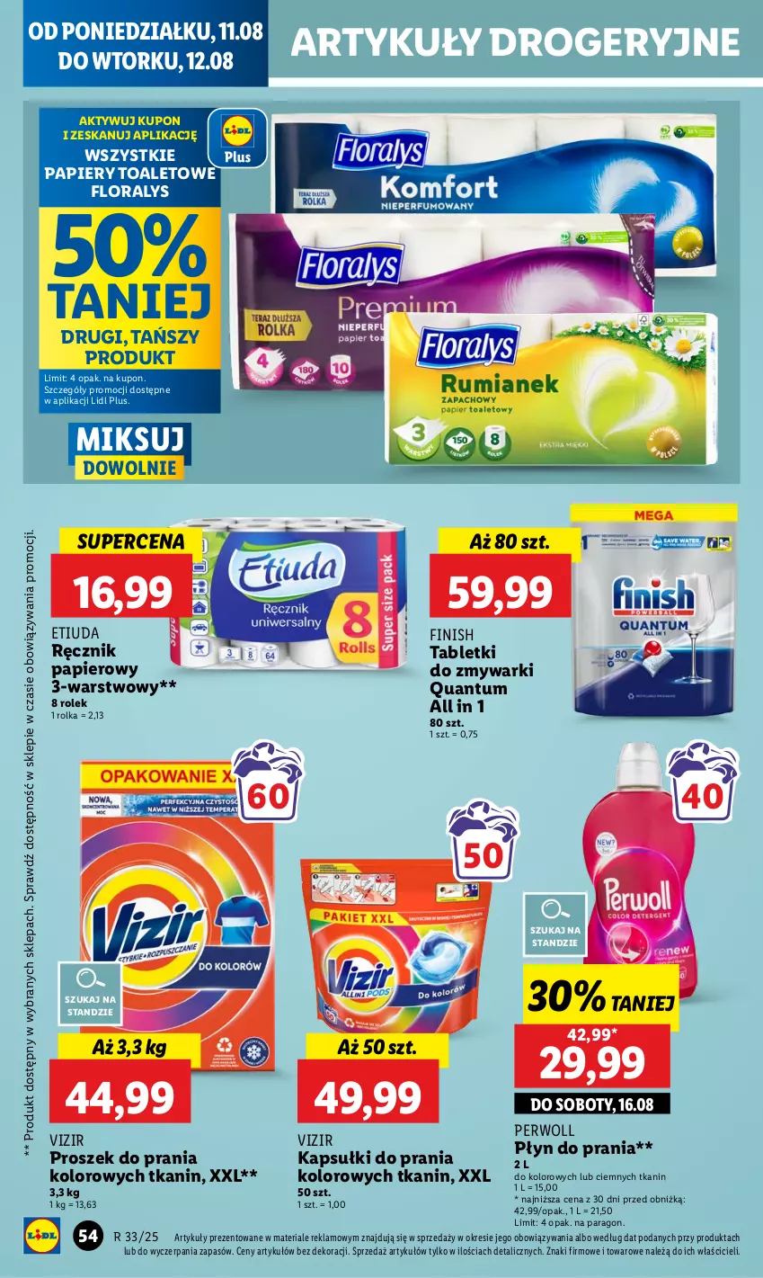 Gazetka promocyjna Lidl - GAZETKA - ważna 11.08 do 12.08.2025 - strona 60 - produkty: Finish, Flora, Kapsułki do prania, Papier, Perwoll, Płyn do prania, Proszek do prania, Ręcznik, Tablet, Tabletki do zmywarki, Vizir, Zmywarki