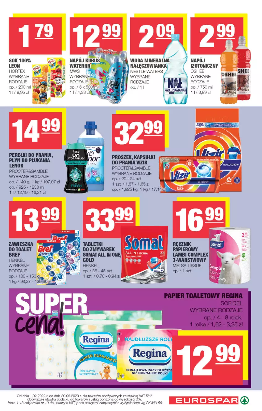 Gazetka promocyjna Spar - EuroSpar - ważna 19.04 do 30.04.2023 - strona 15 - produkty: Bref, Gin, Hortex, Kubuś, Lenor, Leon, Nałęczowianka, Napój, Oshee, Papier, Papier toaletowy, Płyn do płukania, Ręcznik, Sok, Somat, Tablet, Vizir, Woda, Woda mineralna