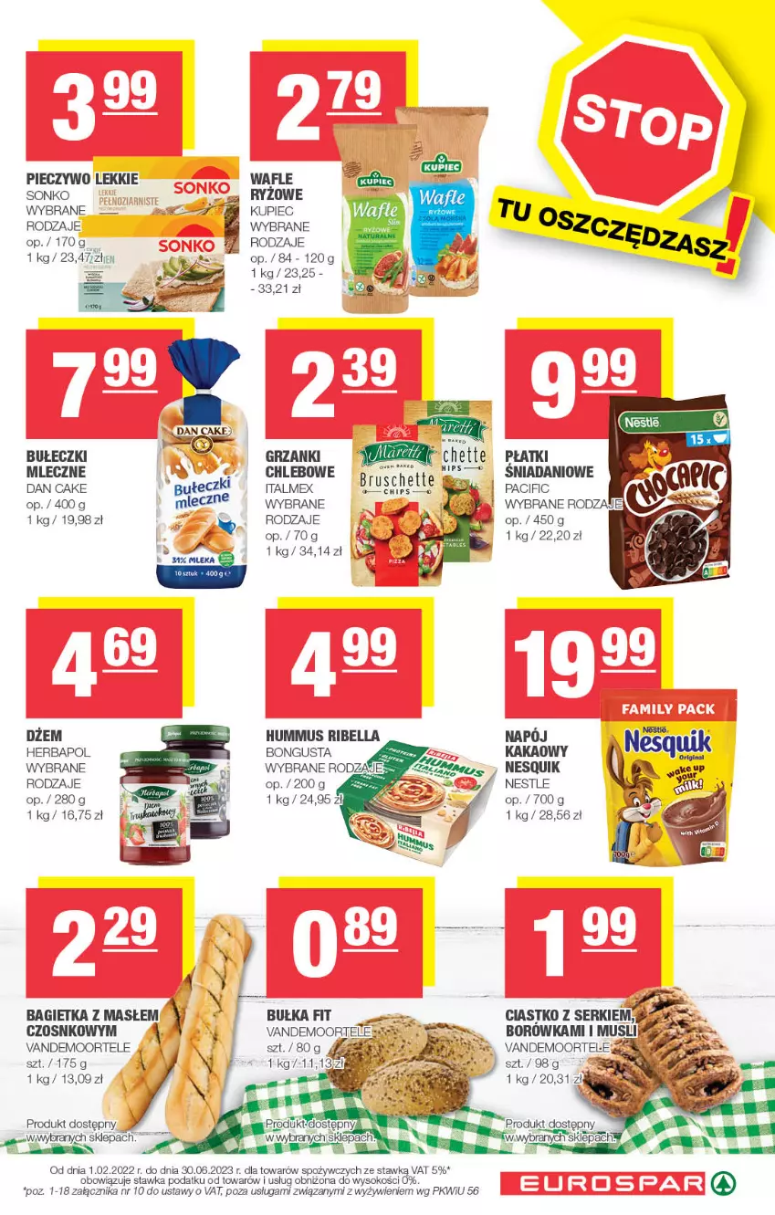 Gazetka promocyjna Spar - EuroSpar - ważna 19.04 do 30.04.2023 - strona 3 - produkty: Bagietka, Bell, Bella, Bułeczki, Chleb, Cif, Dan Cake, Danio, Dżem, Herbapol, Hummus, Kakao, Kupiec, Mus, Napój, Nesquik, Piec, Pieczywo, Ryż, Ser, Sok, Sonko, Wafle