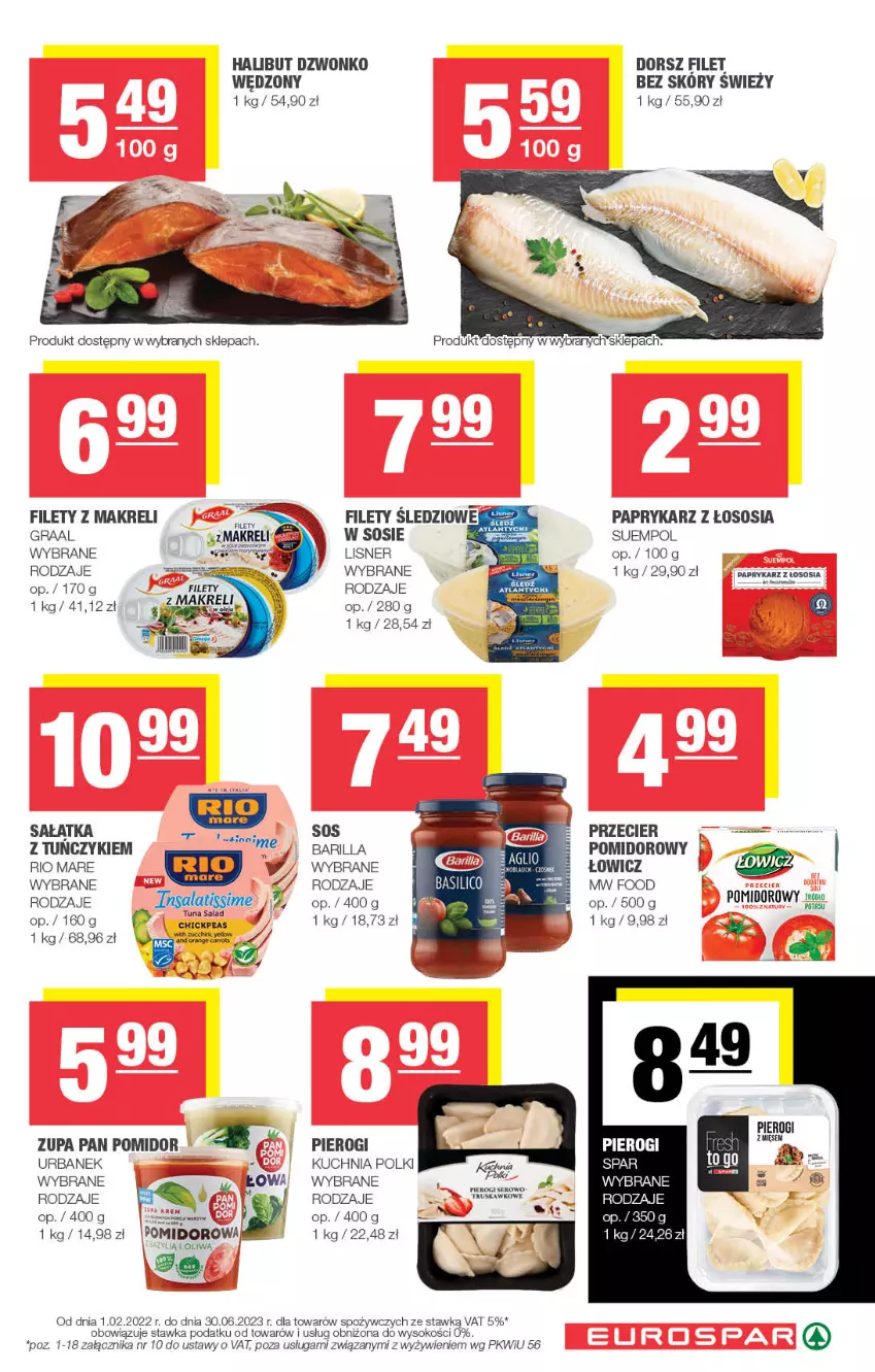 Gazetka promocyjna Spar - EuroSpar - ważna 19.04 do 30.04.2023 - strona 7 - produkty: Barilla, Dorsz, Gin, Gra, Graal, Halibut, Kuchnia, Lisner, Papryka, Paprykarz, Pierogi, Por, Rio Mare, Sok, Sos, Suempol, Tuńczyk, Zupa