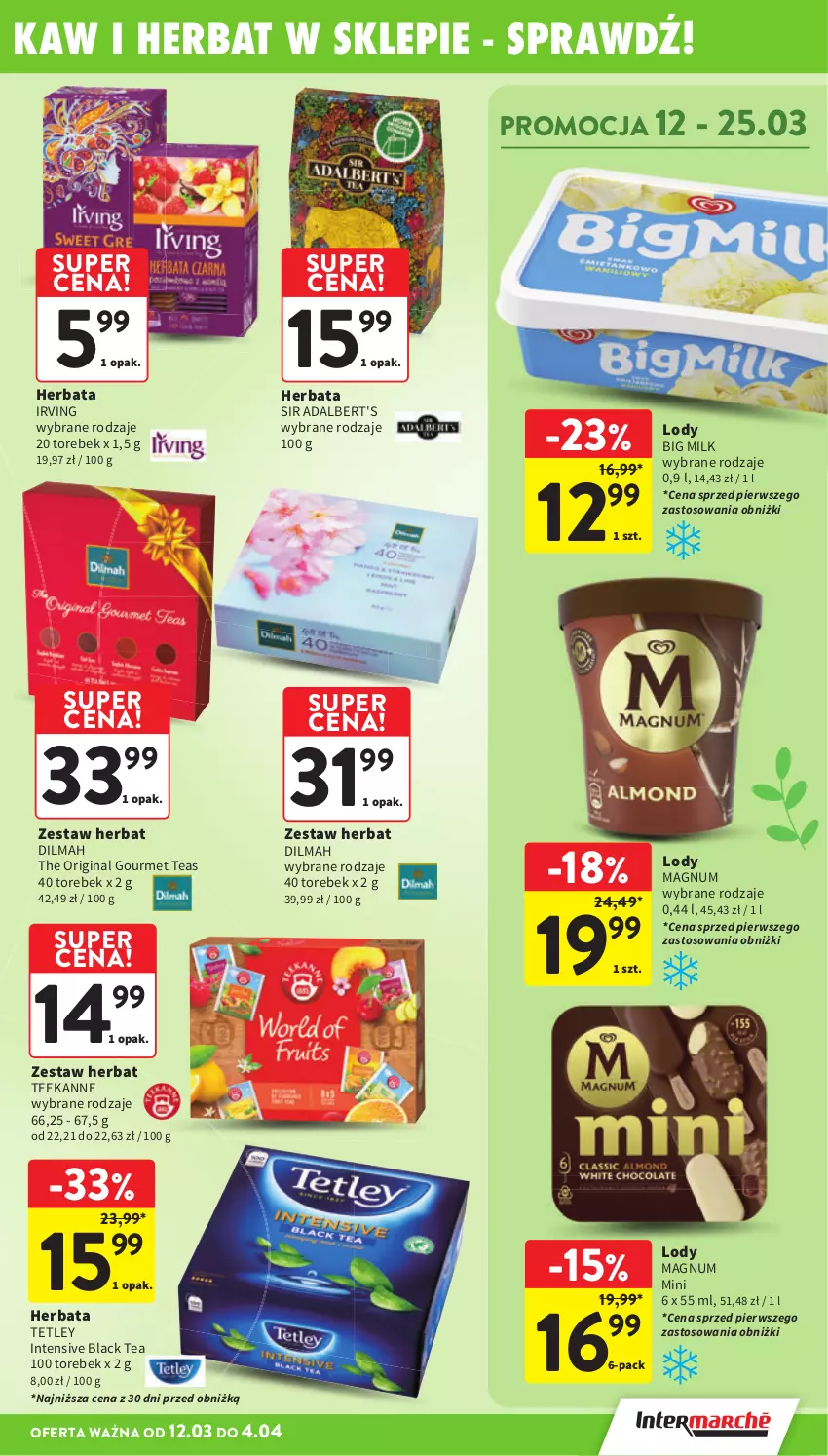 Gazetka promocyjna Intermarche - Gazetka promocyjna - ważna 12.03 do 18.03.2026 - strona 15 - produkty: Big Milk, Dilmah, Gin, Herbata, Irving, Lack, Lody, Teekanne, Tetley