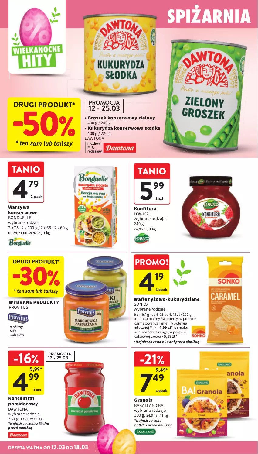 Gazetka promocyjna Intermarche - Gazetka promocyjna - ważna 12.03 do 18.03.2026 - strona 32 - produkty: Ba!, Bakalland, Bonduelle, Dawtona, Gra, Granola, Groszek, Kakao, Koncentrat pomidorowy, Konfitura, Kukurydza, Kukurydza konserwowa, Maliny, Ryż, Ser, Sonko, Wafle, Warzywa, Warzywa konserwowe