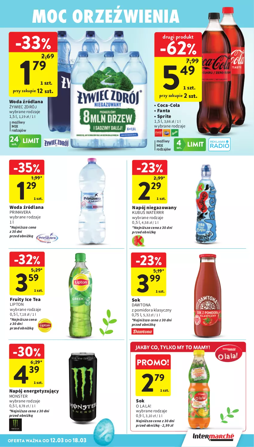 Gazetka promocyjna Intermarche - Gazetka promocyjna - ważna 12.03 do 18.03.2026 - strona 37 - produkty: Coca-Cola, Dawtona, Fa, Fanta, Ice tea, Kubuś, Kubuś Waterrr, LANA, Lipton, Napój, Napój niegazowany, Prima, Primavera, Sok, Sprite, Woda