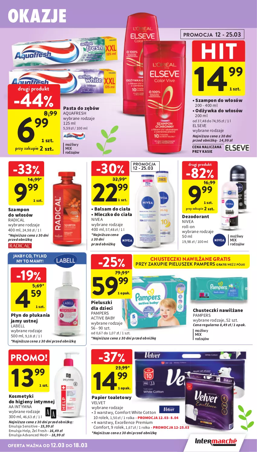 Gazetka promocyjna Intermarche - Gazetka promocyjna - ważna 12.03 do 18.03.2026 - strona 45 - produkty: Aquafresh, Balsam do ciała, Bell, Chusteczki, Dezodorant, Dzieci, Elseve, Emulsja, Gra, Mleczko, Mleczko do ciała, Nivea, Odżywka, Pampers, Papier, Papier toaletowy, Pasta do zębów, Płyn do płukania, Płyn do płukania jamy ustnej, Szampon, Velvet